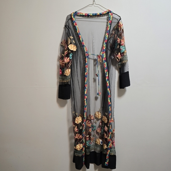 Other - Mesh Floral Embroidered Long Sleeves Sheer Kimono
